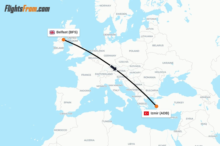 Flights from Belfast to Izmir route map