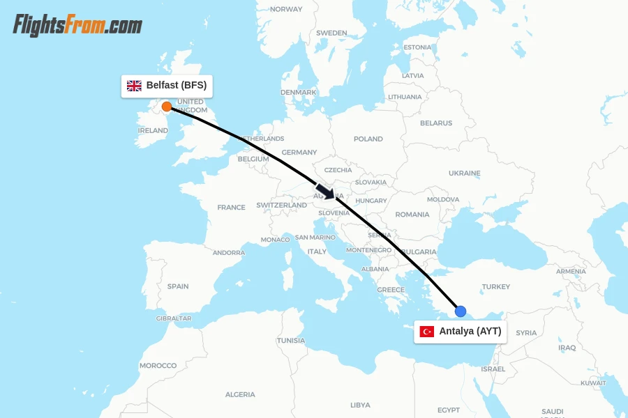 Flights from Belfast to Antalya route map