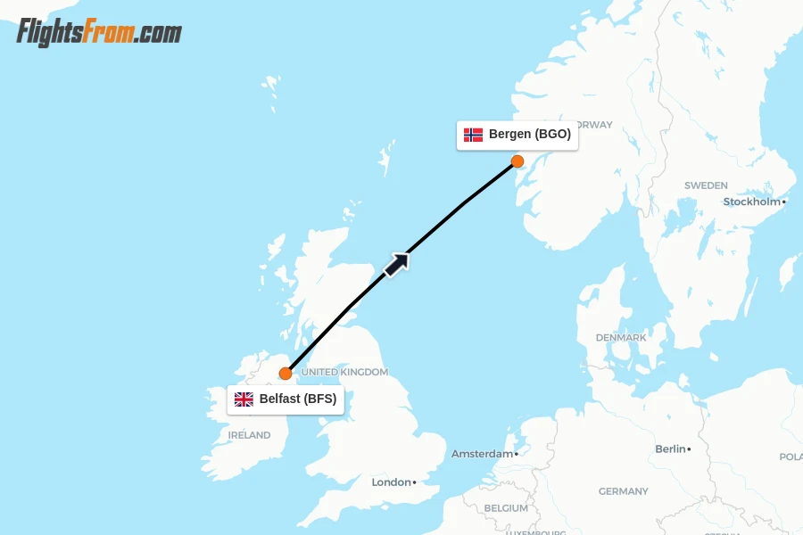 Flights from Belfast to Bergen route map