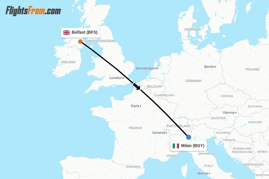 Flights from Belfast to Milan route map