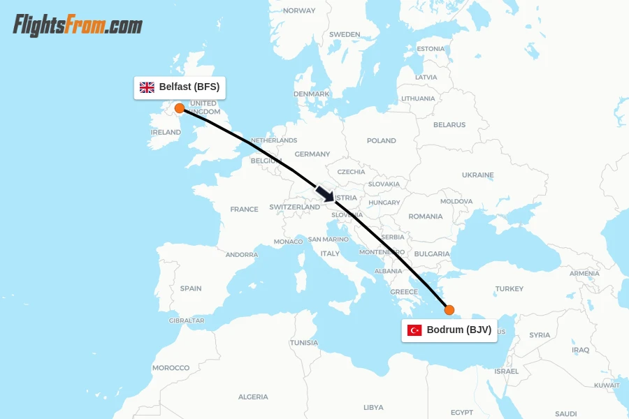 Flights from Belfast to Bodrum route map