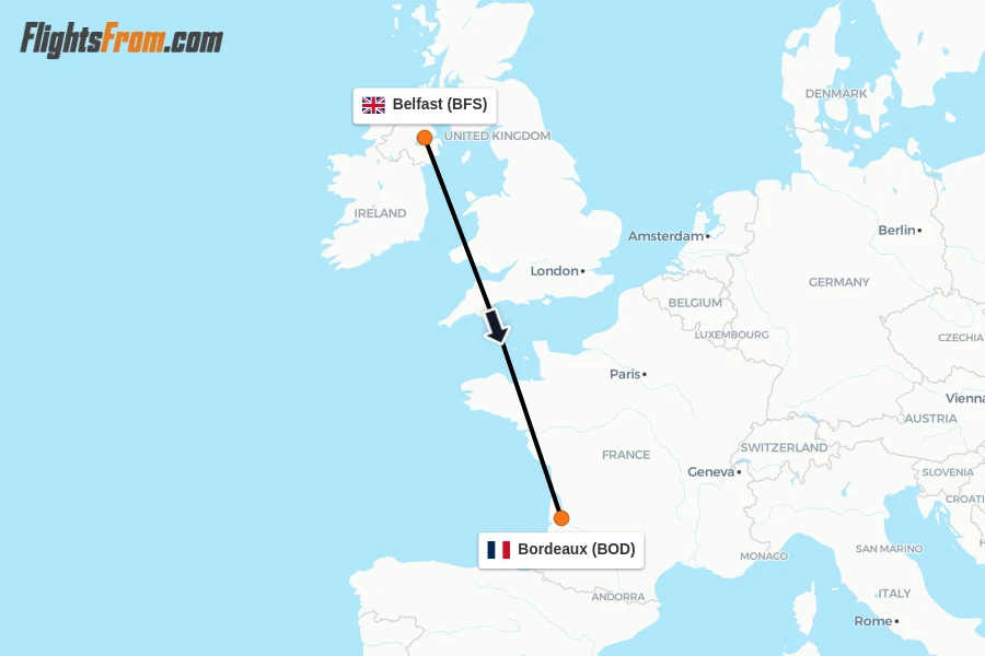 Flights from Belfast to Bordeaux route map