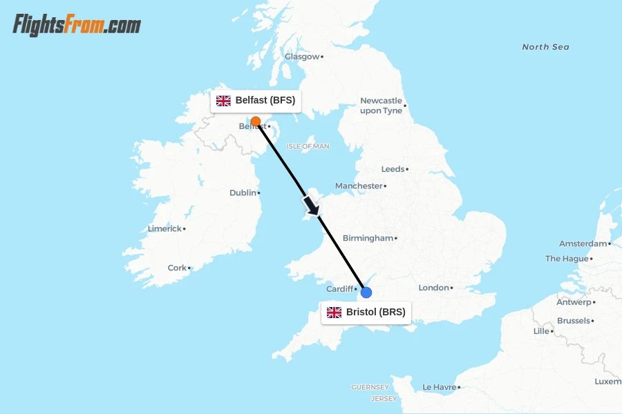 Flights from Belfast to Bristol route map