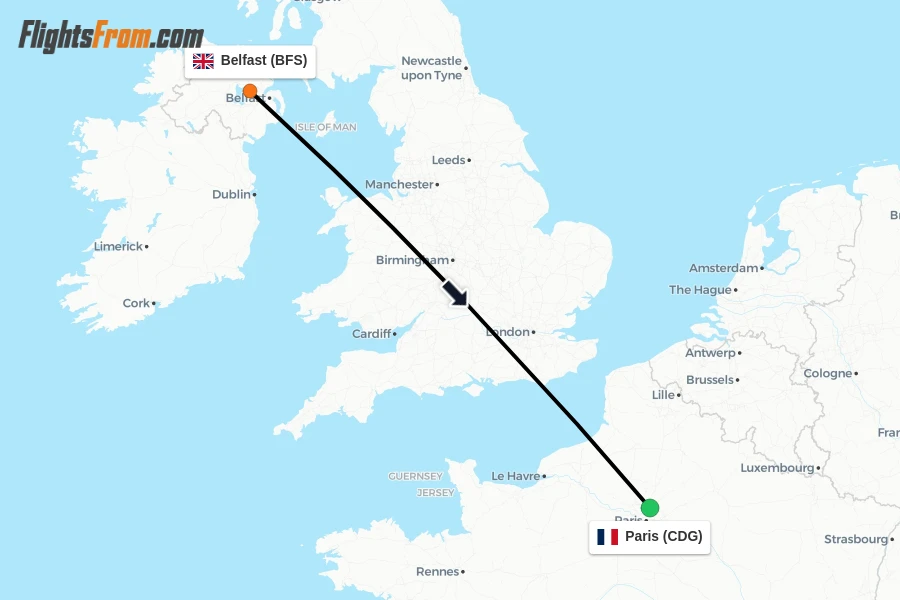 Flights from Belfast to Paris route map