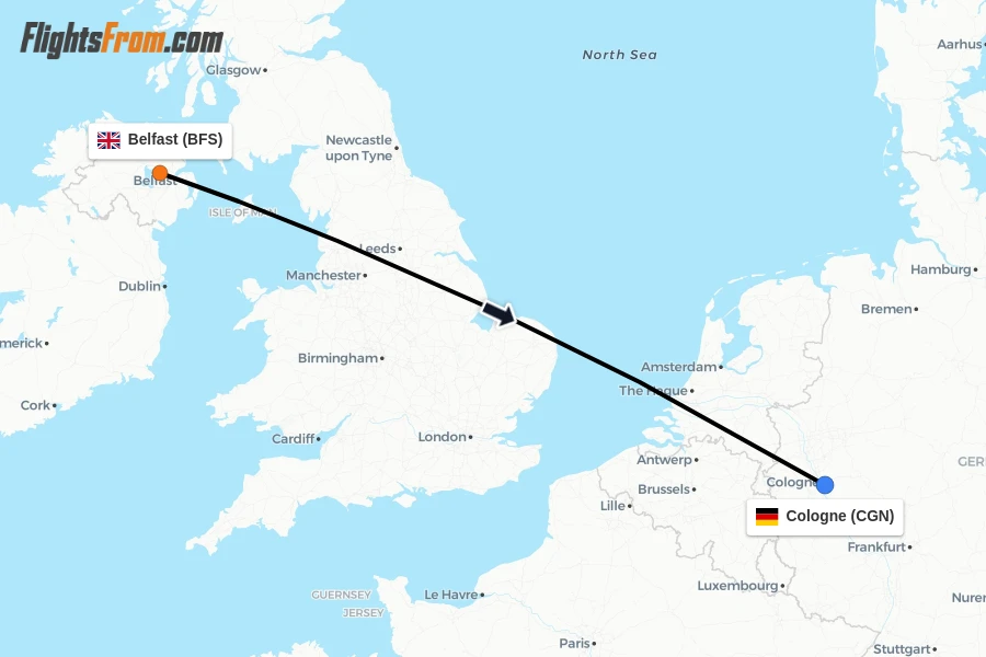 Flights from Belfast to Cologne route map