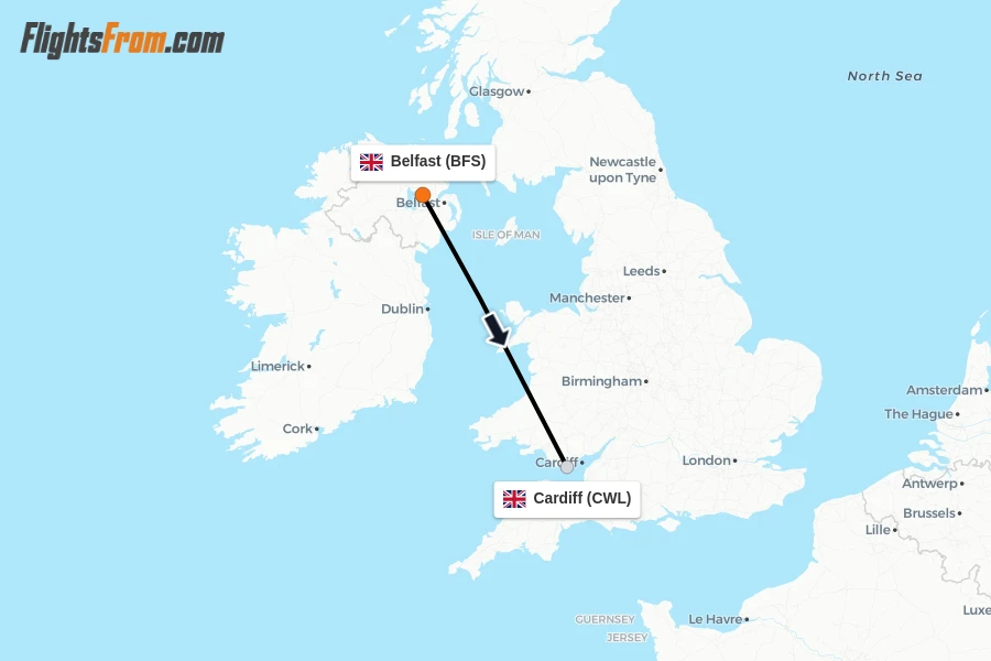 Flights from Belfast to Cardiff route map