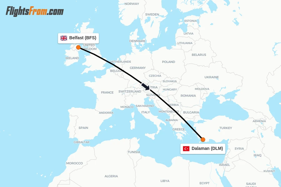 Flights from Belfast to Dalaman route map