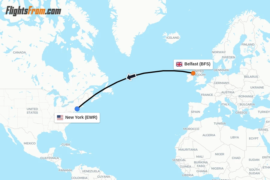 Flights from Belfast to New York route map
