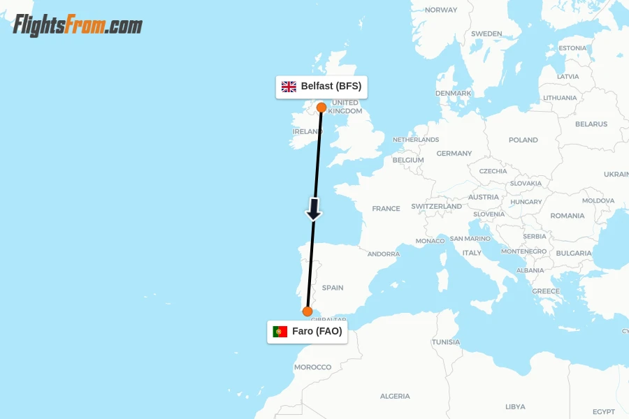 Flights from Belfast to Faro route map