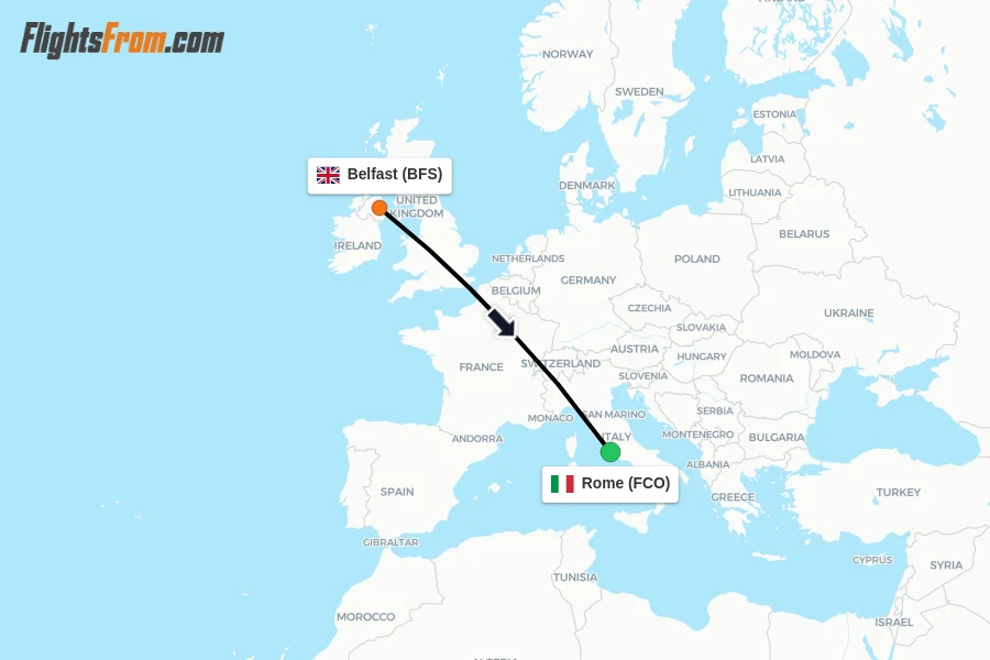 Flights from Belfast to Rome route map