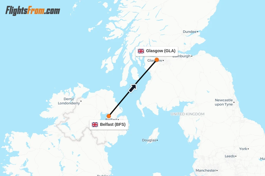 Flights from Belfast to Glasgow route map