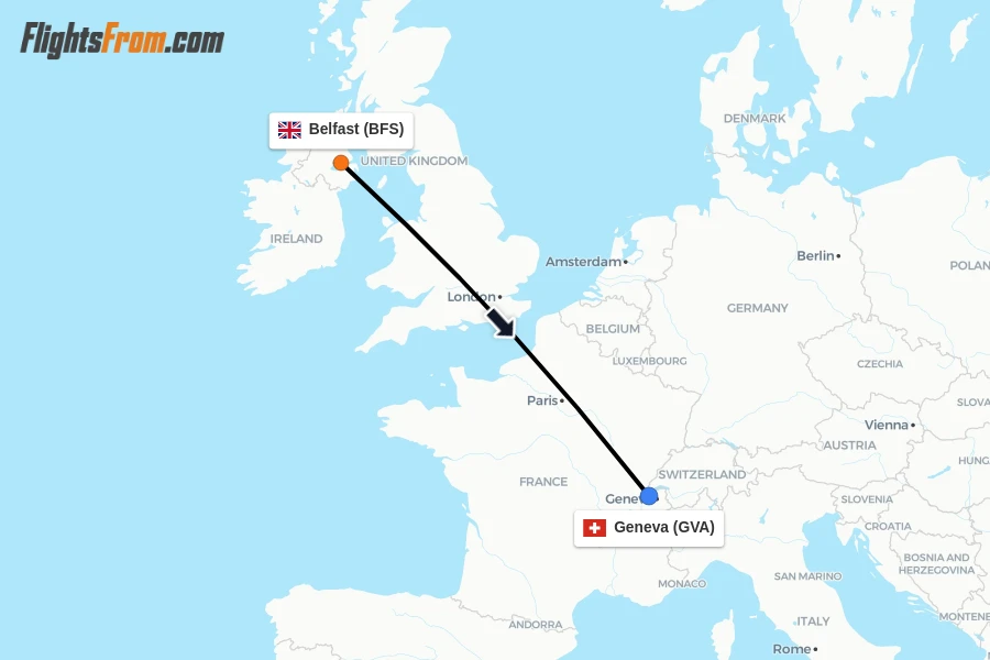 Flights from Belfast to Geneva route map
