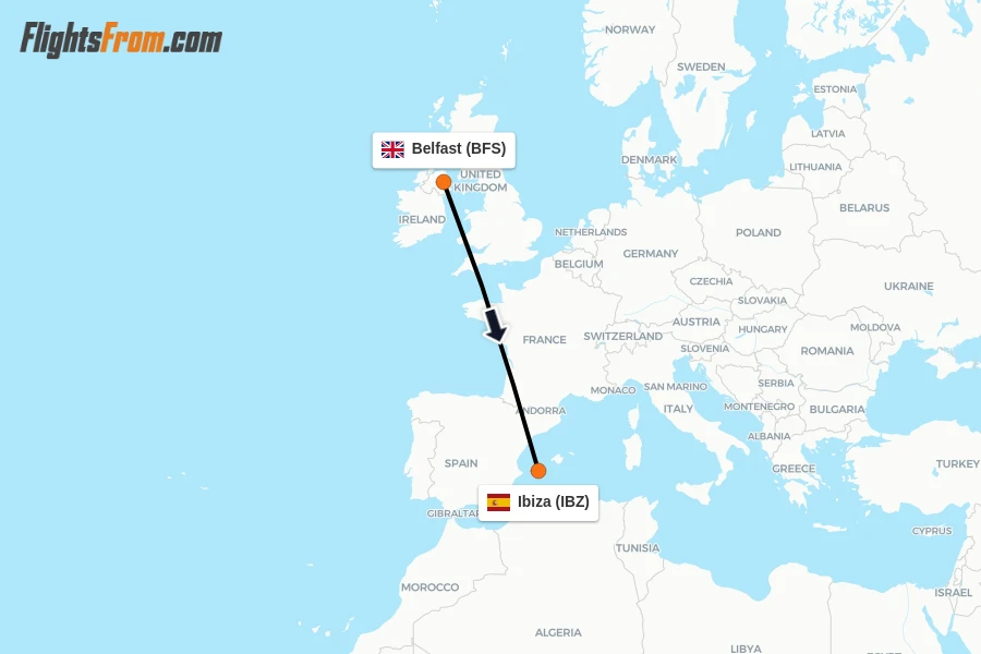 Flights from Belfast to Ibiza route map