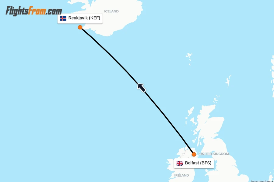 Flights from Belfast to Reykjavik route map