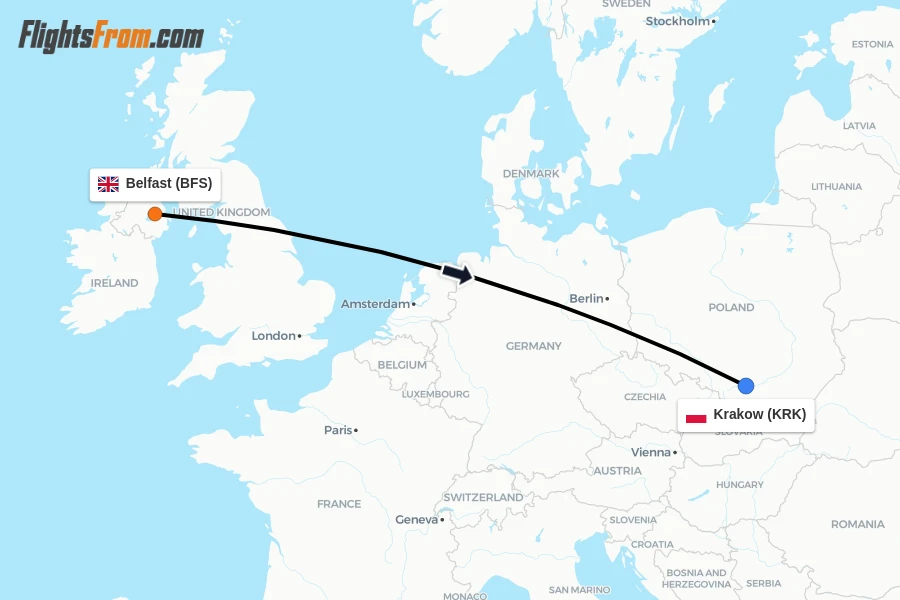 Flights from Belfast to Krakow route map