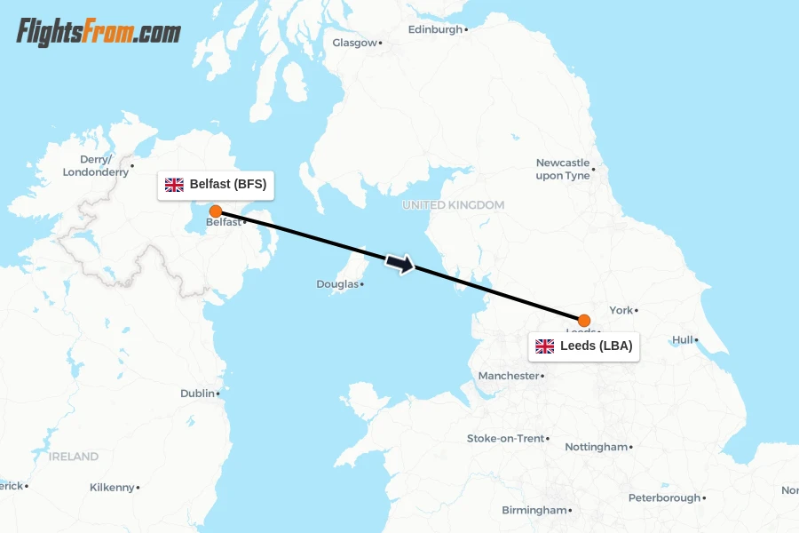 Flights from Belfast to Leeds route map