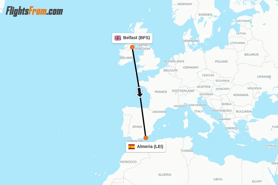 Flights from Belfast to Almeria route map