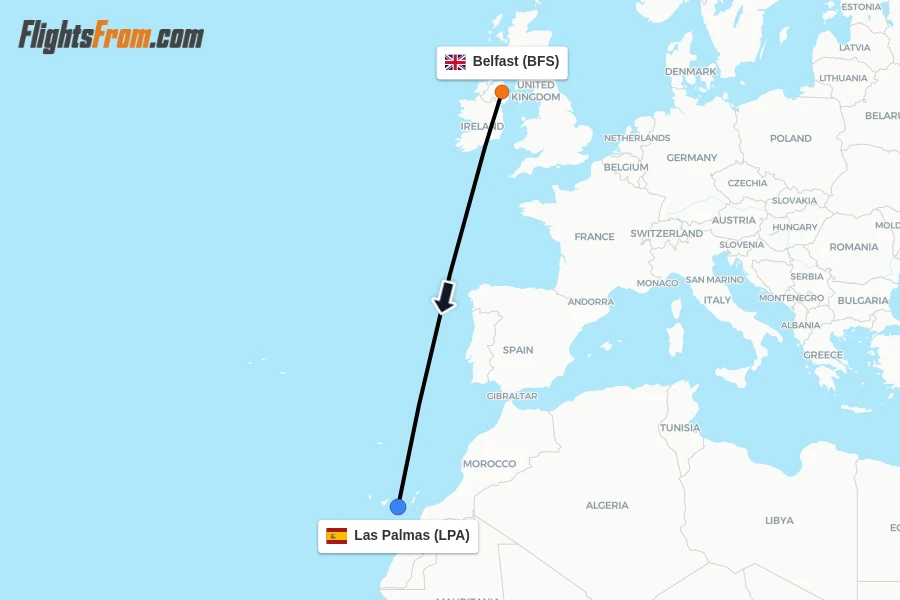 Flights from Belfast to Las Palmas route map