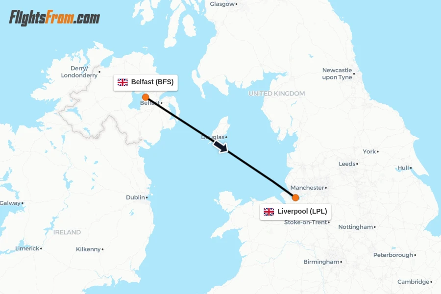 Flights from Belfast to Liverpool route map