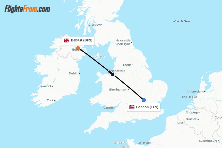 Flights from Belfast to London route map