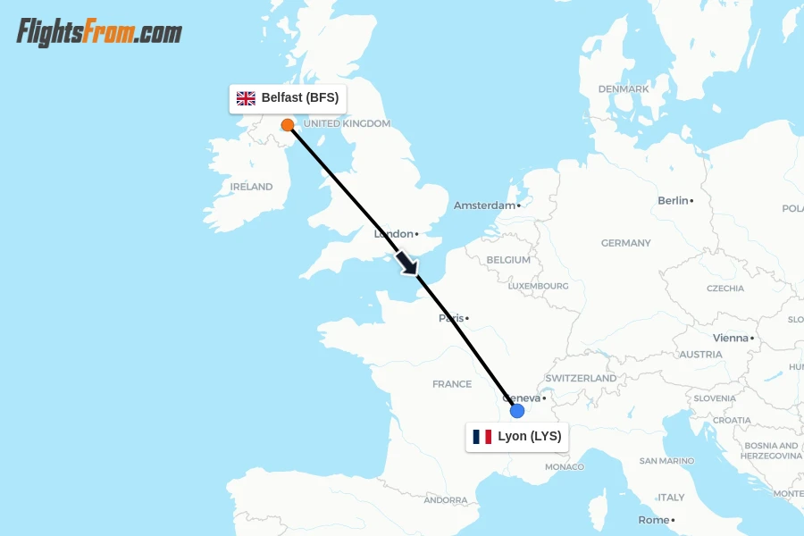 Flights from Belfast to Lyon route map
