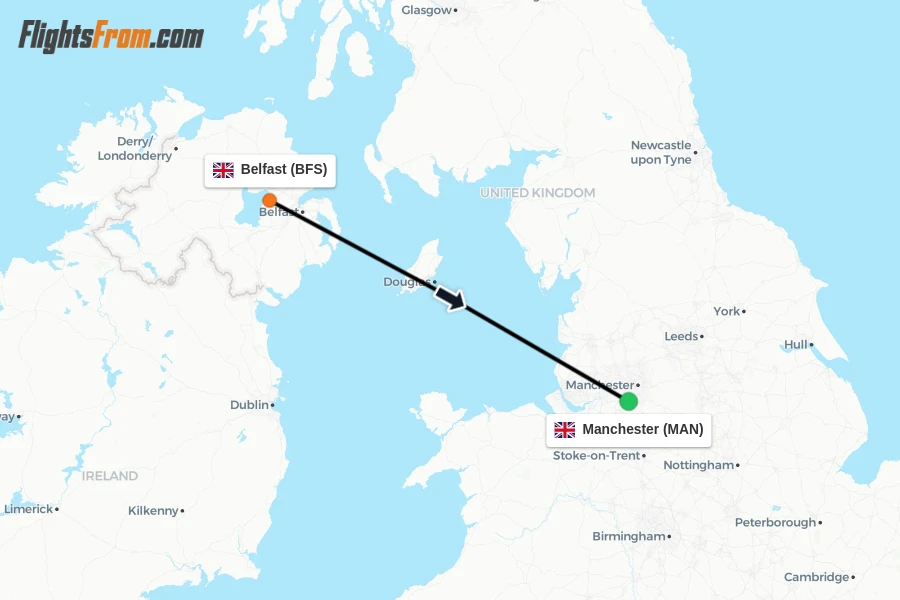 Flights from Belfast to Manchester route map