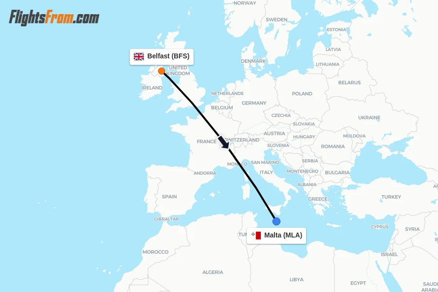 Flights from Belfast to Malta route map