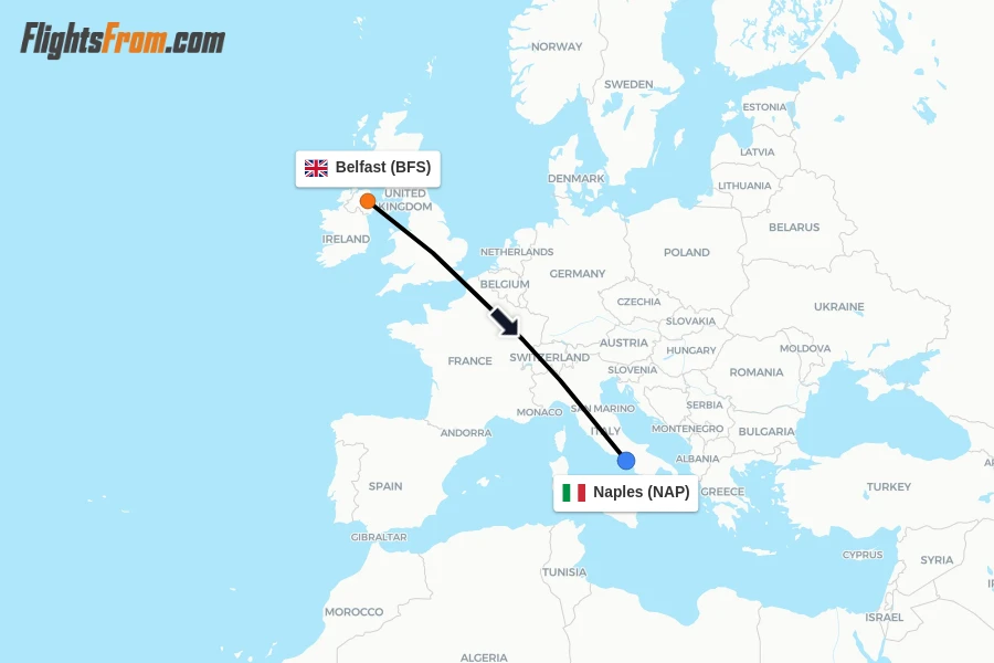 Flights from Belfast to Naples route map