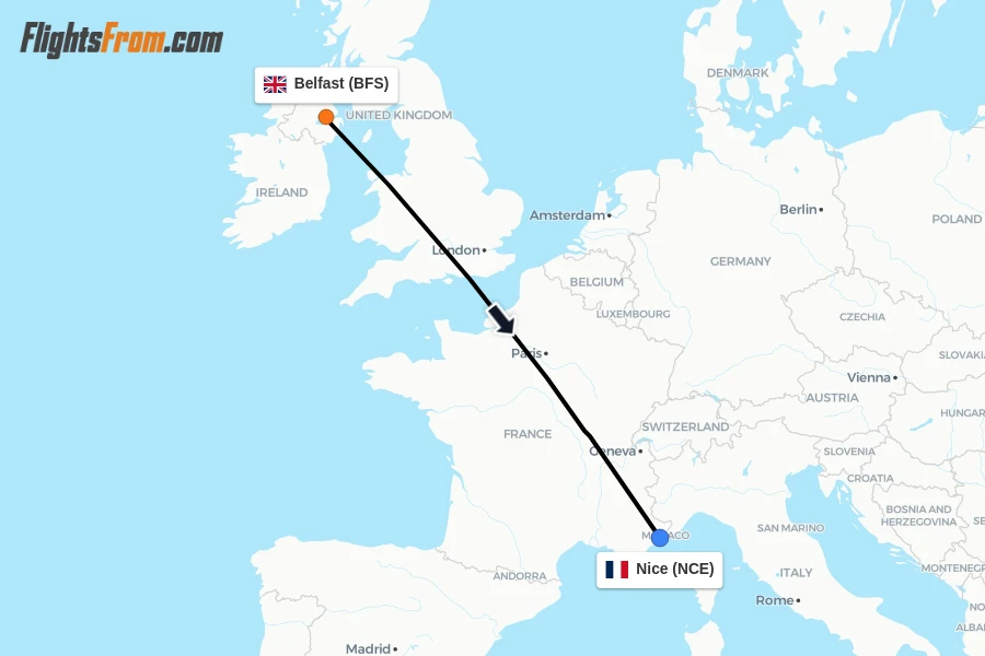 Flights from Belfast to Nice route map