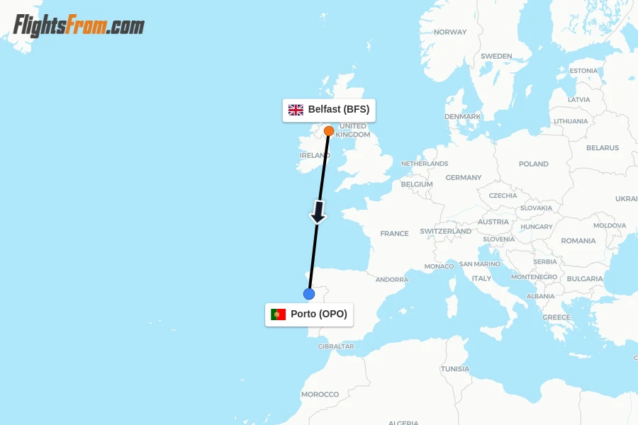 Flights from Belfast to Porto route map