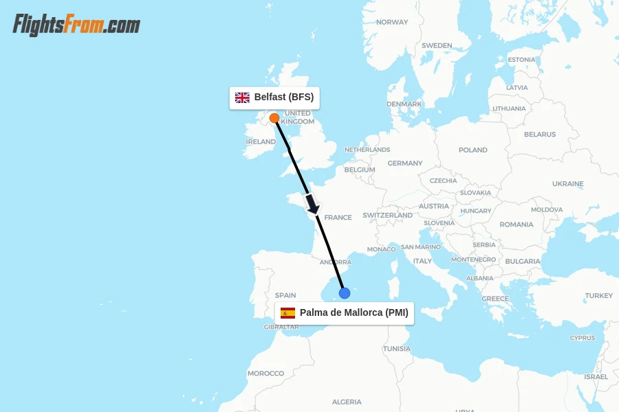 Flights from Belfast to Palma de Mallorca route map