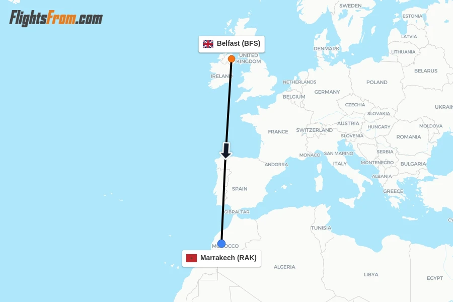 Flights from Belfast to Marrakech route map