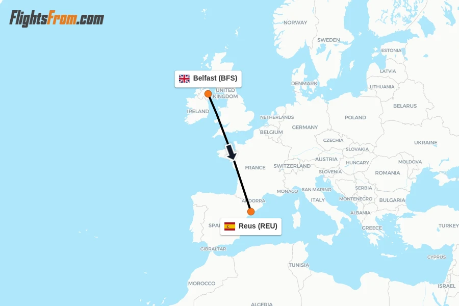 Flights from Belfast to Reus route map