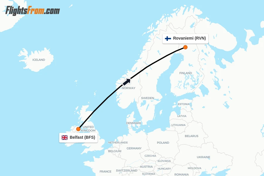Flights from Belfast to Rovaniemi route map