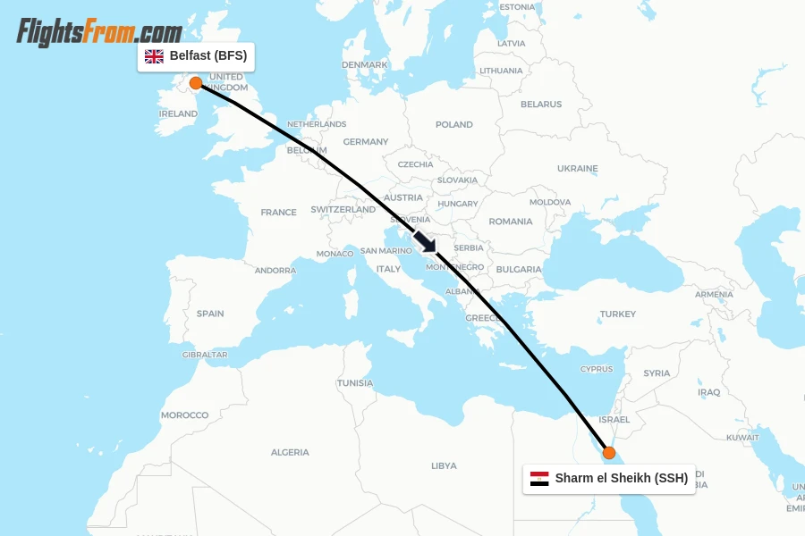 Flights from Belfast to Sharm el Sheikh route map