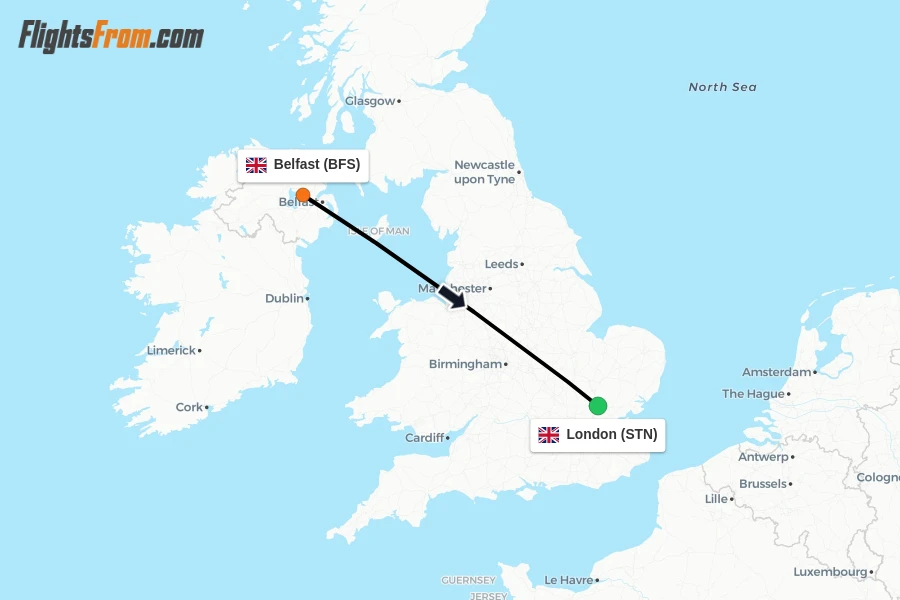 Flights from Belfast to London route map
