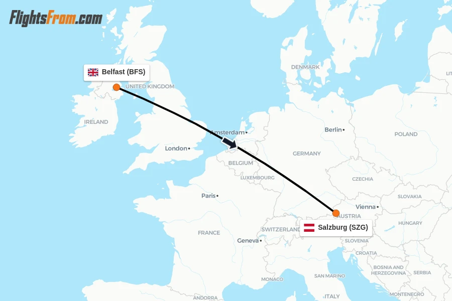 Flights from Belfast to Salzburg route map