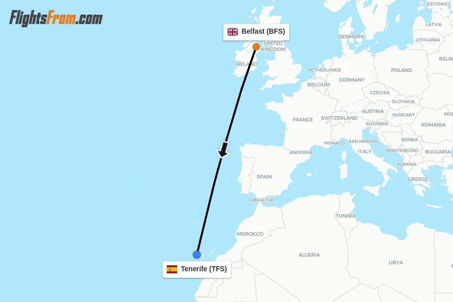 Flights from Belfast to Tenerife route map