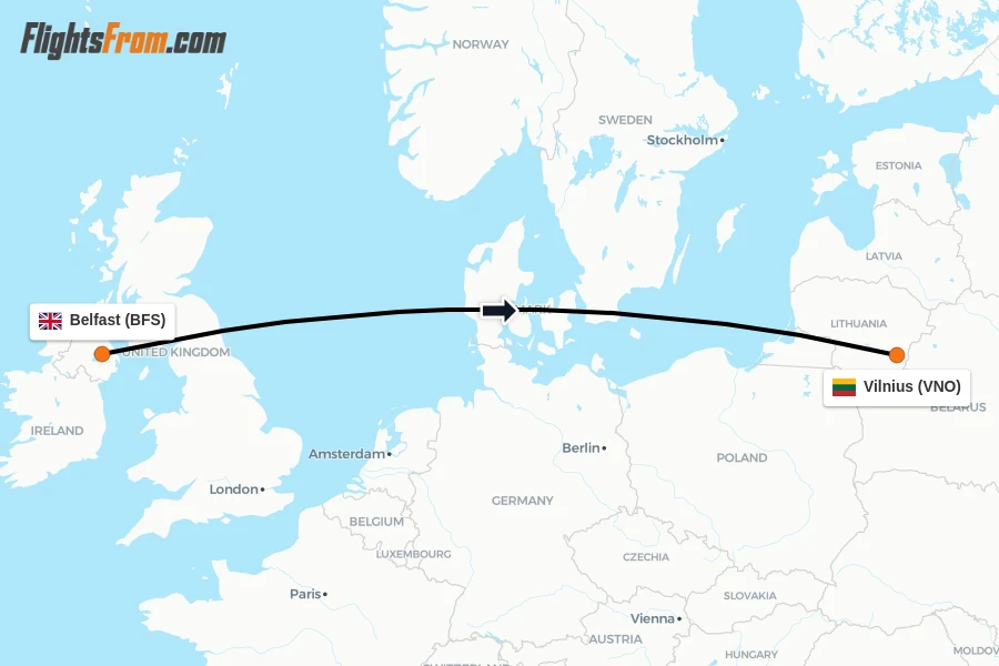 Flights from Belfast to Vilnius route map