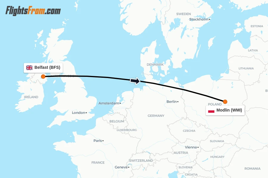 Flights from Belfast to Modlin route map