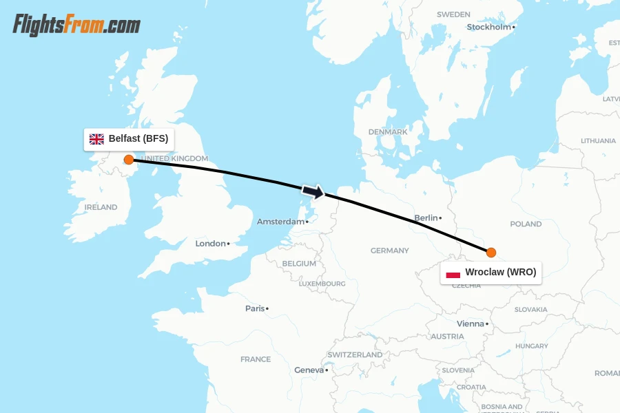Flights from Belfast to Wroclaw route map