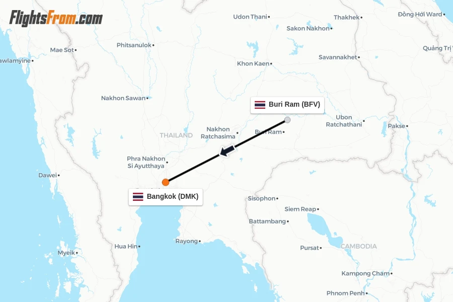 Flights from Buri Ram to Bangkok route map