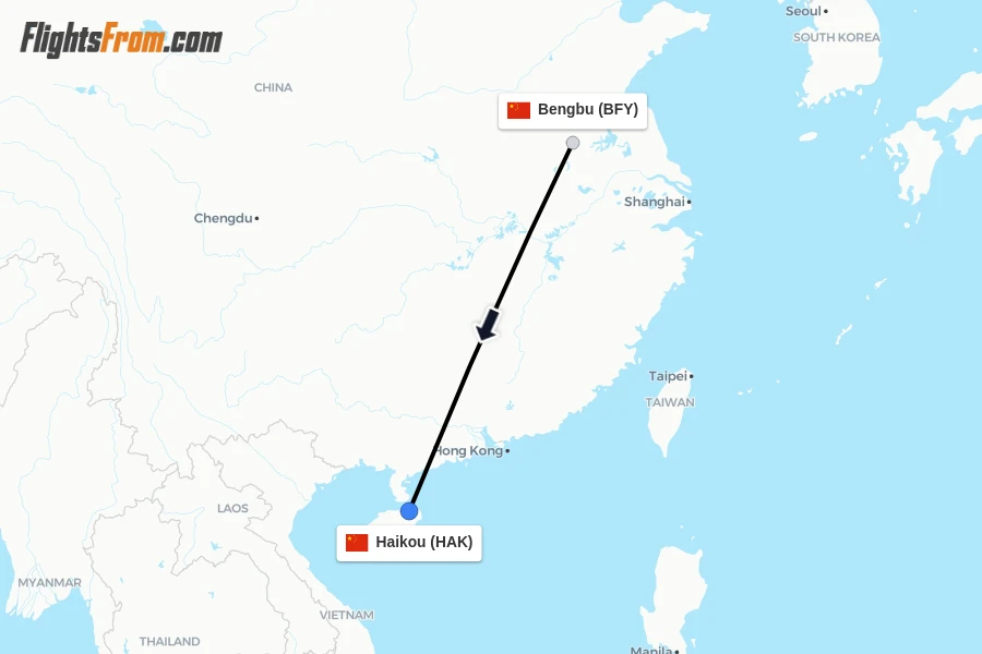 Flights from Bengbu to Haikou route map