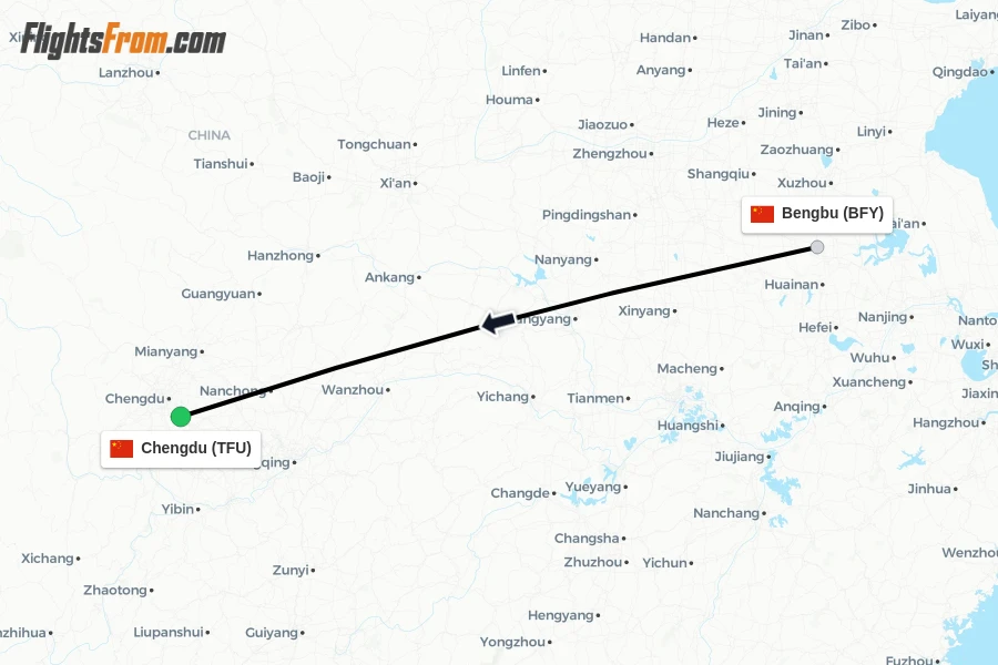 Flights from Bengbu to Chengdu route map