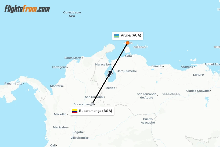 Flights from Bucaramanga to Aruba route map