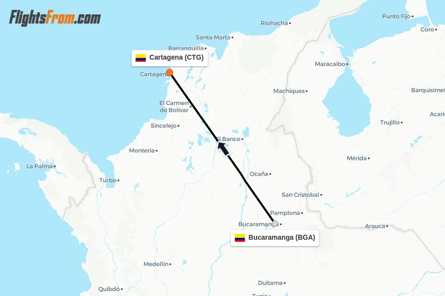 Flights from Bucaramanga to Cartagena route map