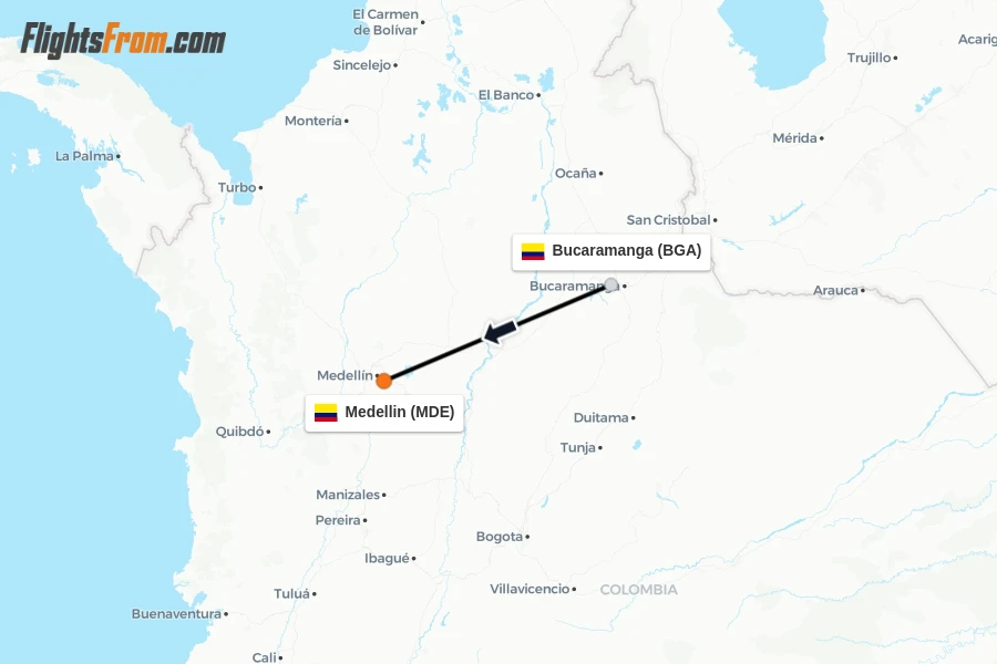 Flights from Bucaramanga to Medellin route map