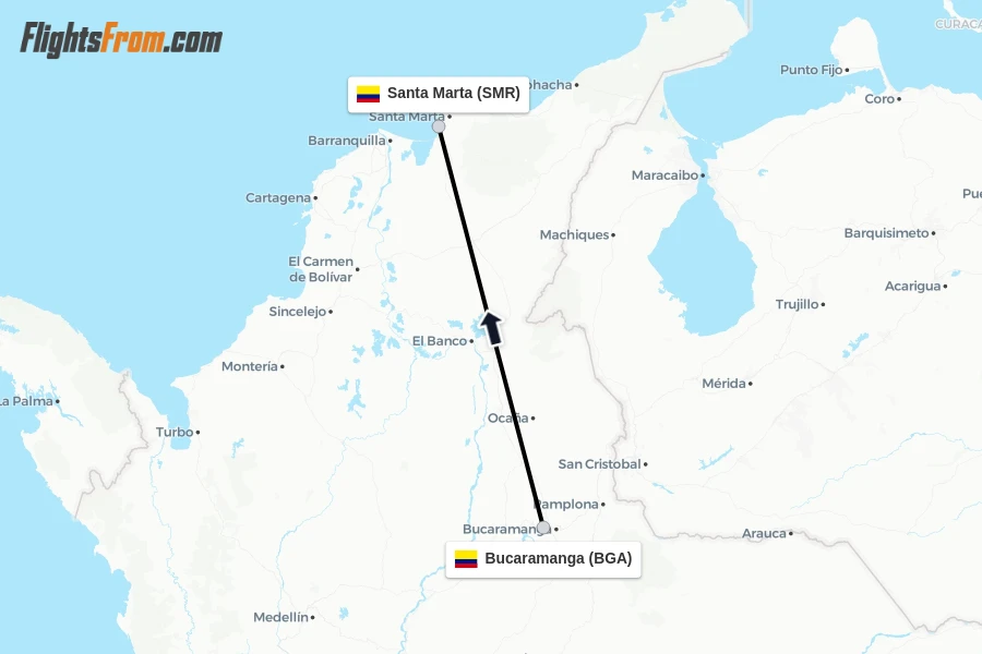 Flights from Bucaramanga to Santa Marta route map