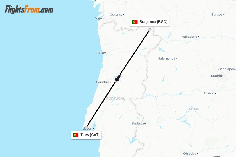 Flights from Braganca to Tires route map