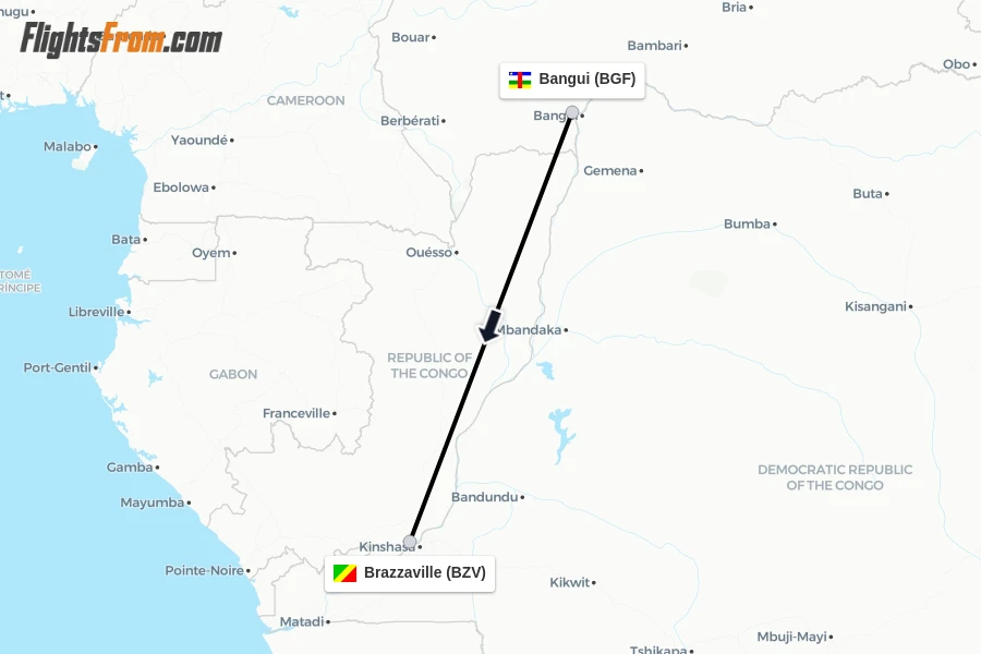 Flights from Bangui to Brazzaville route map